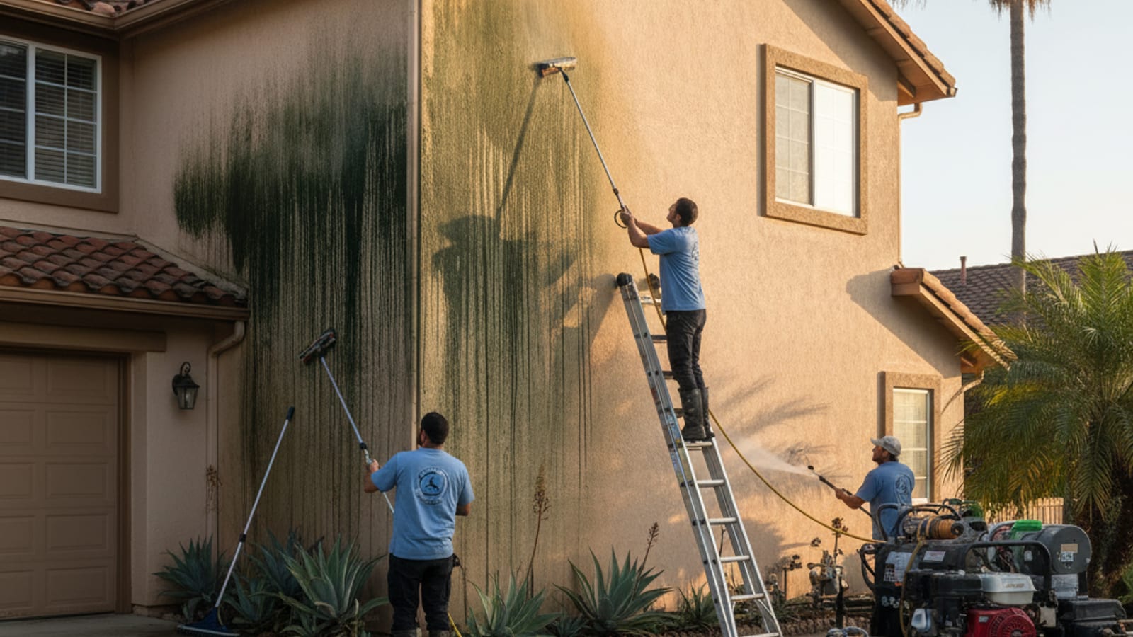 San Diego stucco home exterior with visible algae streaking on the north-facing wall against a clean soft-washed south-facing wall in late afternoon light
