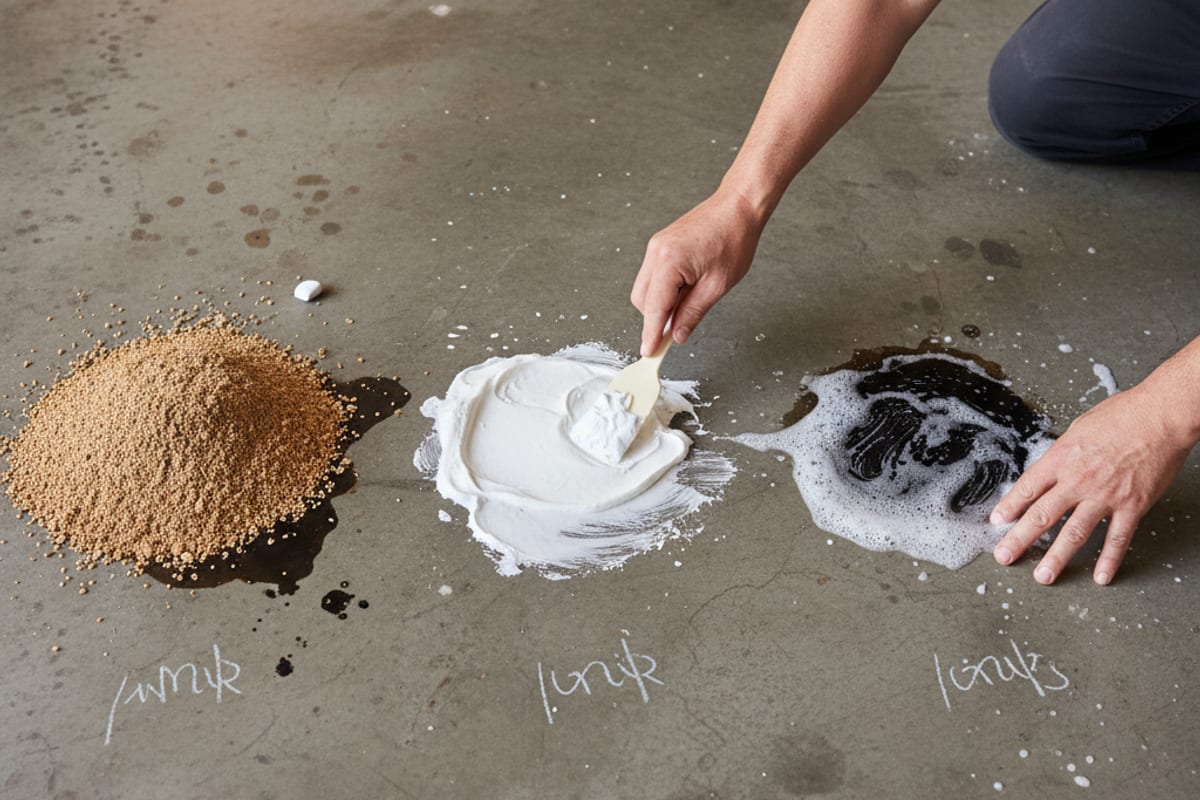 Side-by-side comparison of three concrete oil stain removers, kitty litter absorbent, trisodium phosphate paste, and commercial degreaser, each applied to a labeled test patch