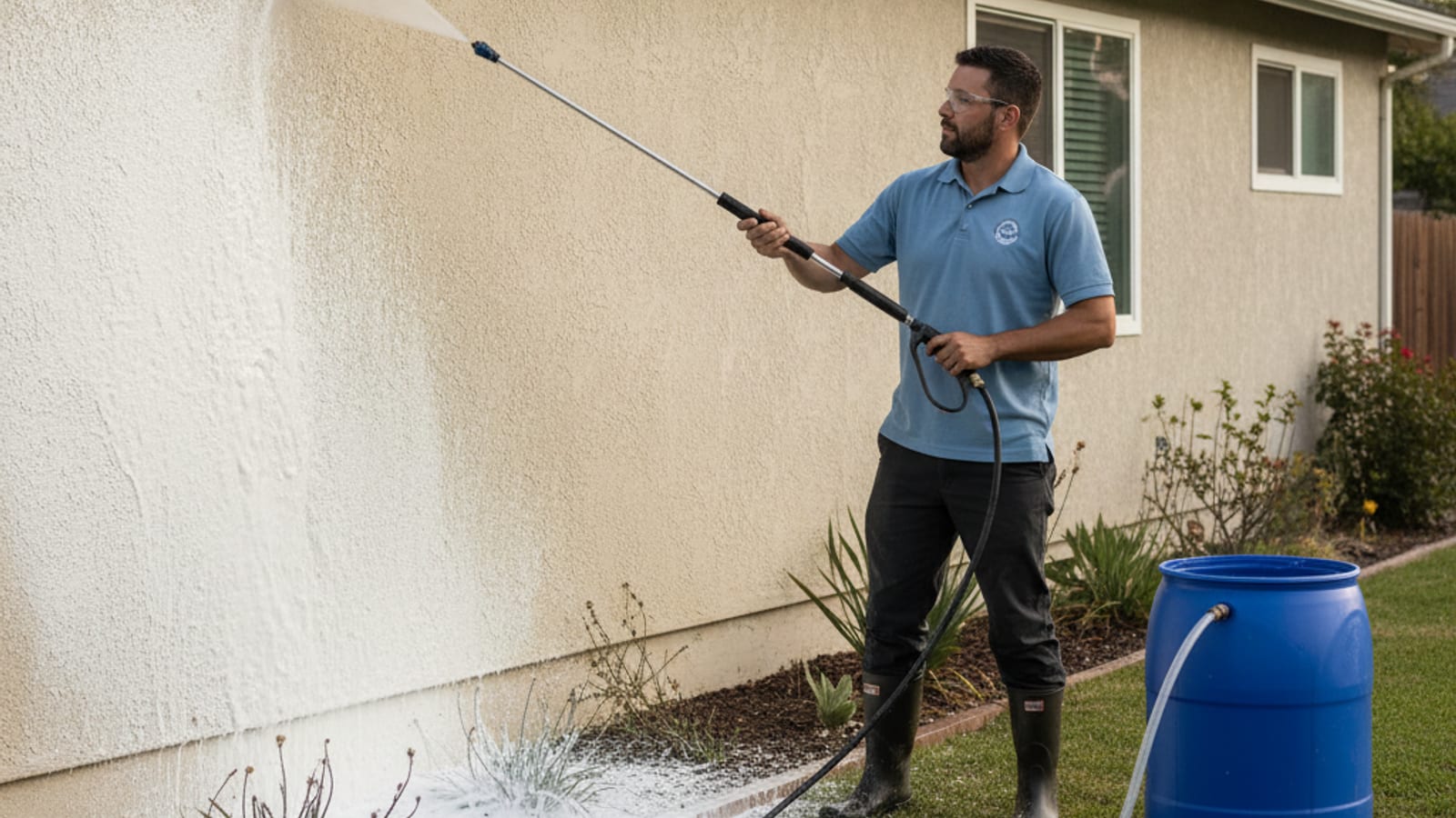 A technician soft-washing a two-story stucco home in coastal San Diego under a gray marine-layer morning sky