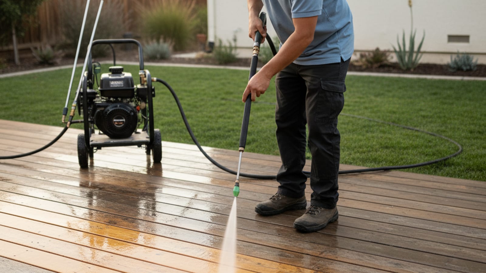 Weathered cedar backyard deck being pressure washed along the grain with a 25-degree nozzle showing a clear contrast between cleaned honey-cedar planks and gray weathered boards