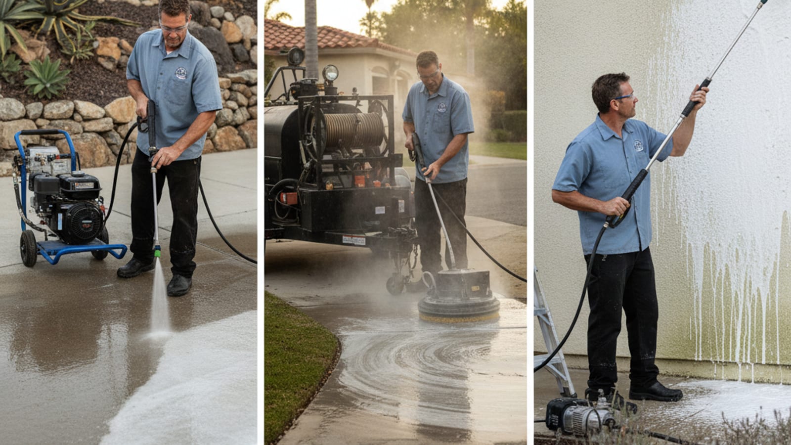 Three exterior cleaning scenes side by side, cold high-pressure driveway wash, steaming hot-water concrete, and gentle low-pressure soft-wash on stucco siding