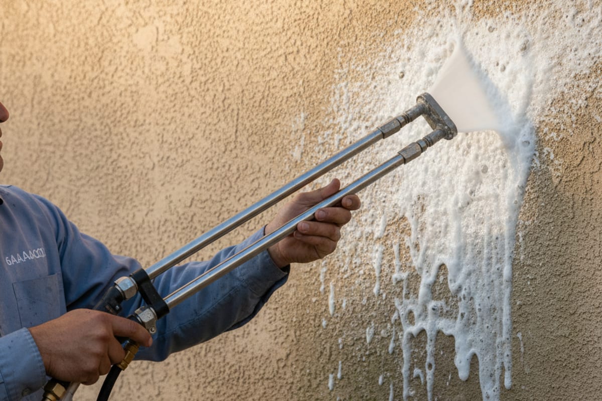 Close-up of a soft-wash dual-lance wand spraying a low-pressure fan of white soapy detergent onto weathered stucco siding with visible foam coverage
