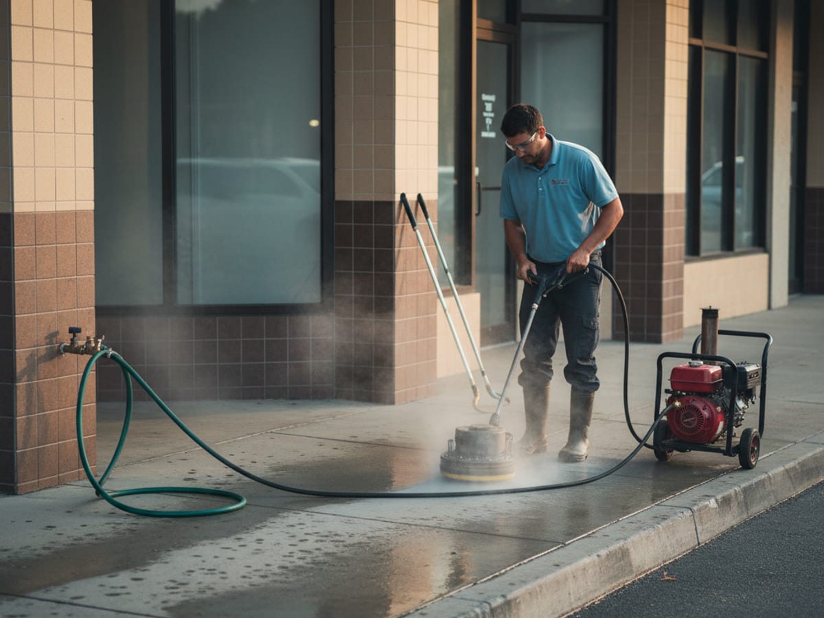 Commercial pressure-washing crew cleaning a San Diego shopping center walkway with wash water contained at the curb