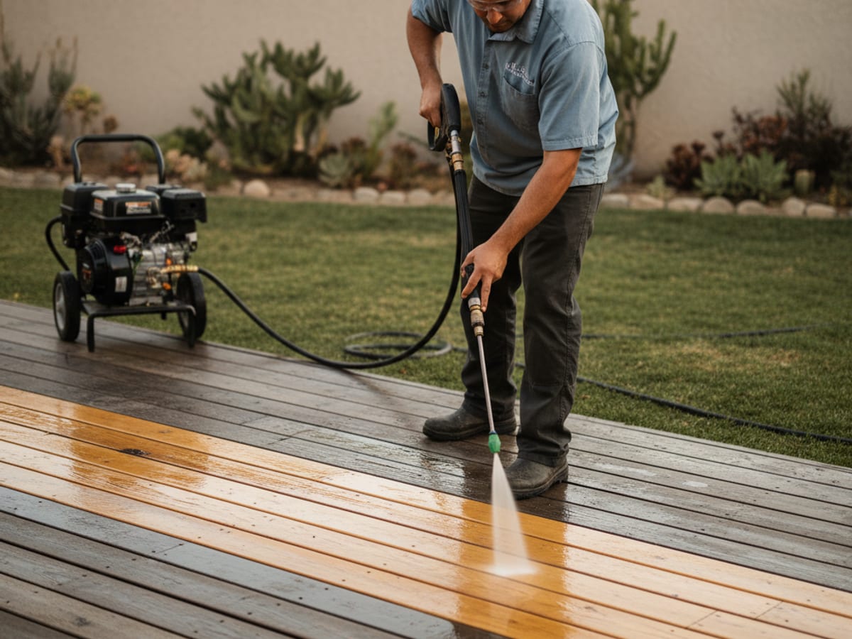 A San Diego backyard wood deck being cleaned with low-pressure soft-wash equipment, showing a clear line between the cleaned and uncleaned boards
