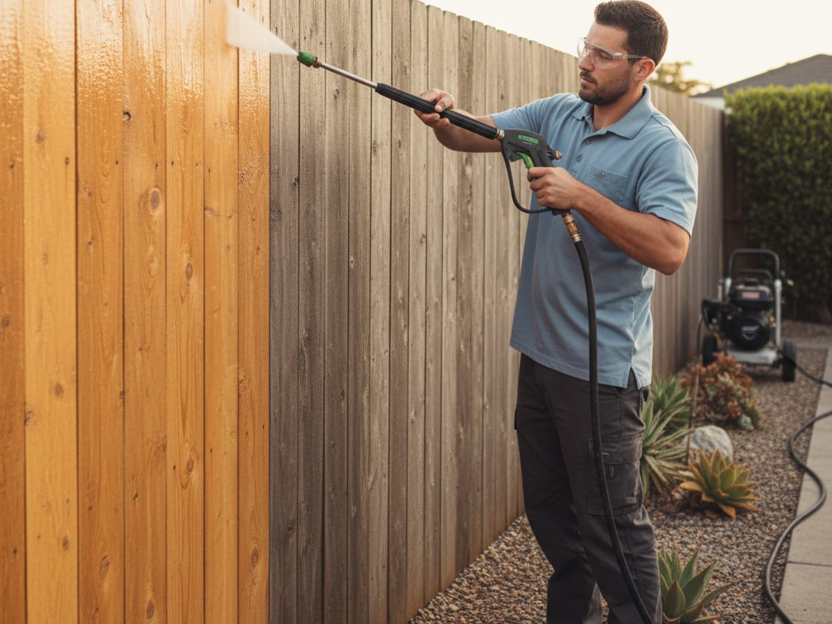 A weathered cedar wood fence in a San Diego backyard, half cleaned to show the gray coastal grime contrasted against fresh warm wood grain