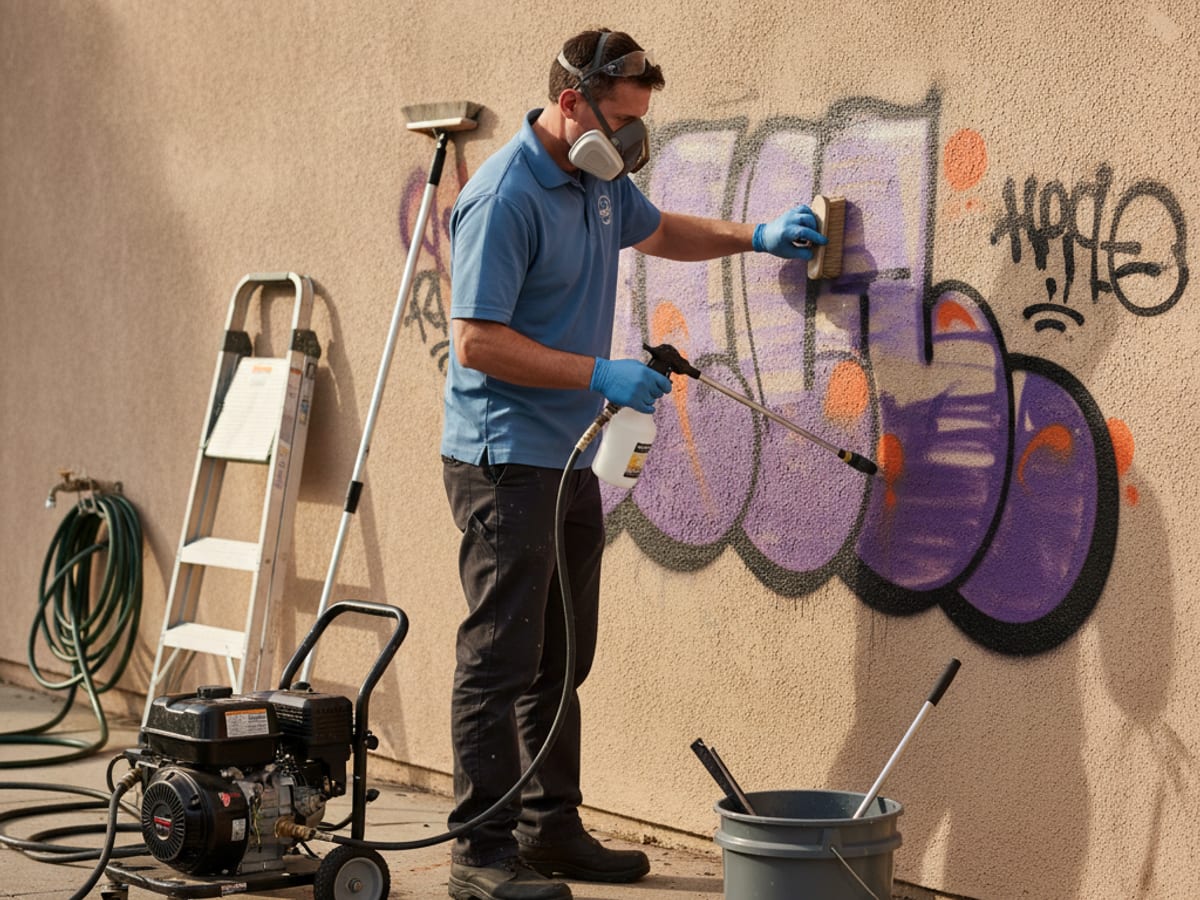 Spray-paint graffiti on a tan stucco wall in San Diego being lifted with a chemical remover and low-pressure rinse