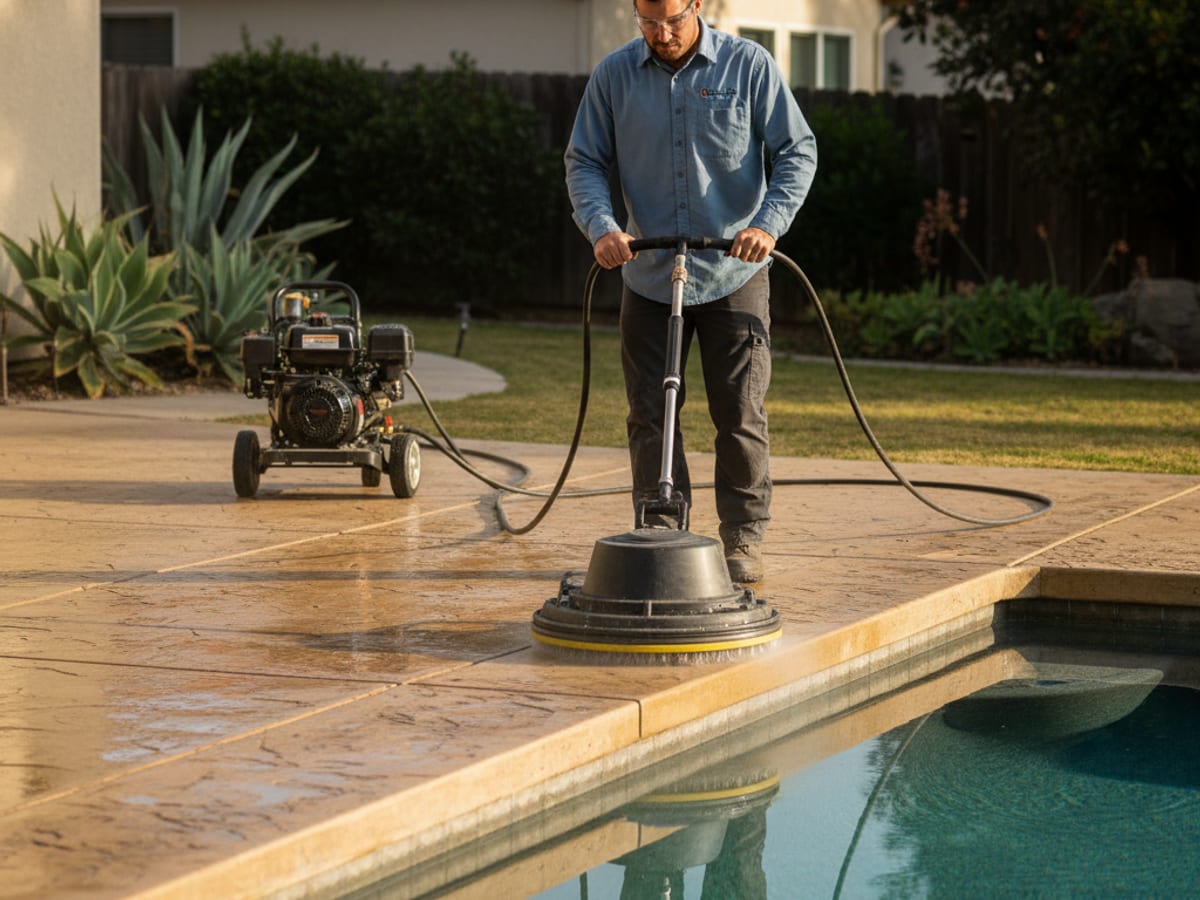 A San Diego backyard pool deck of textured cool-deck coating, half cleaned to show a sharp contrast between bright restored surface and gray algae-stained concrete